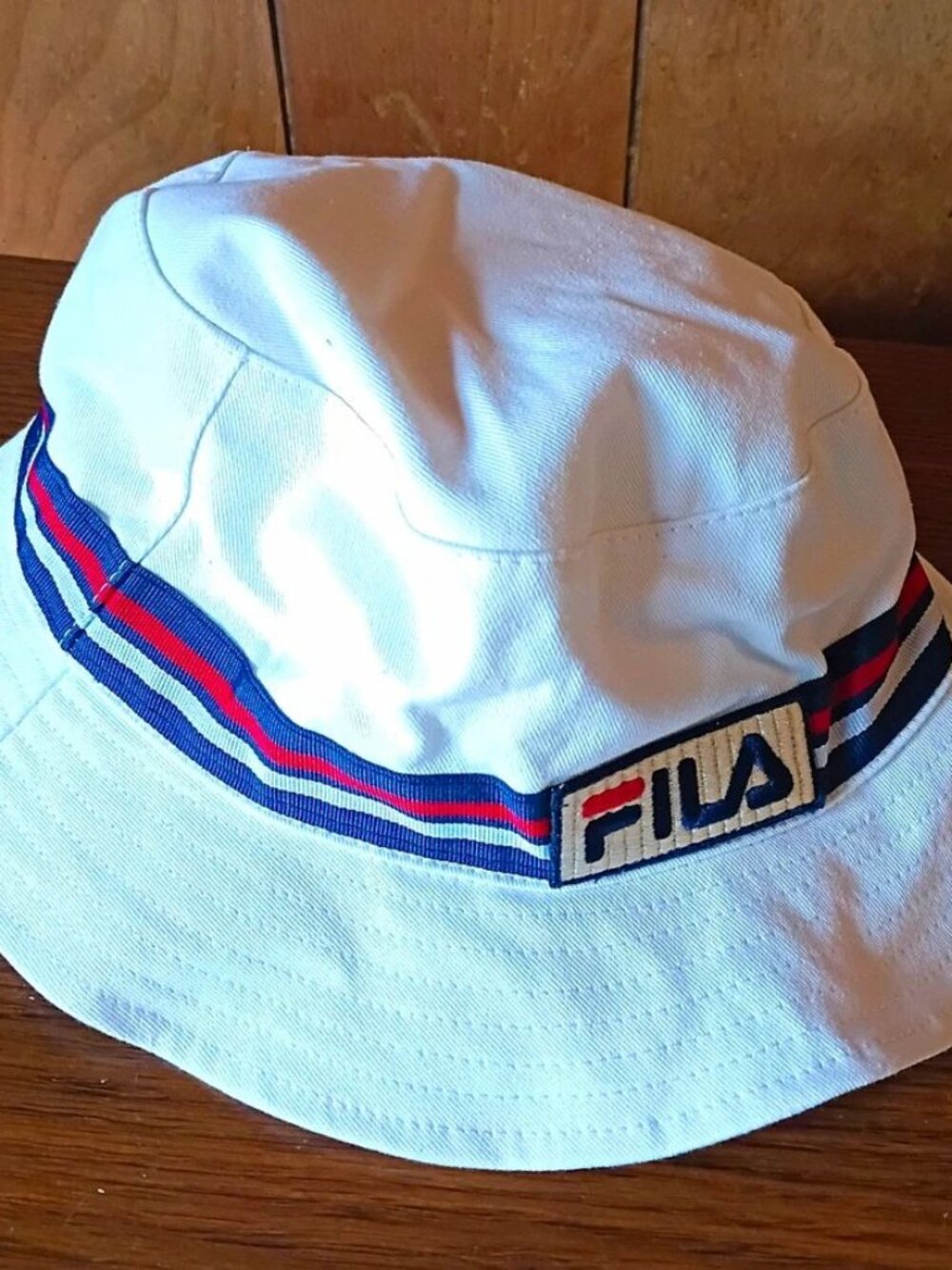 FILA Reversible Bucket Hat One Size White Blue Red Stripe Logo Geometric NWT